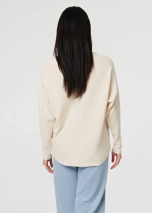 Izabel London Beige Heart Print Batwing Sleeve Jumper