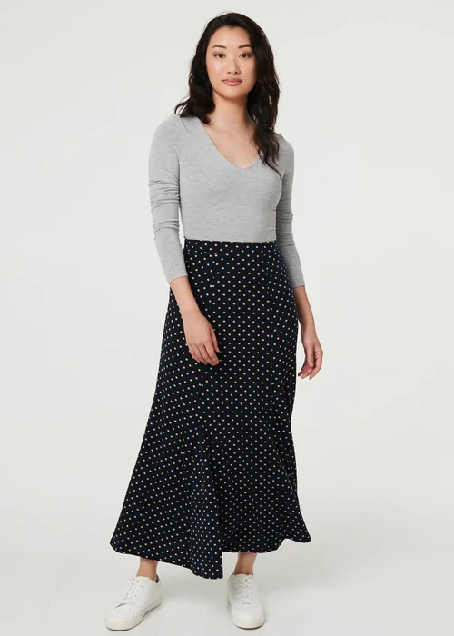 Izabel London Navy Polka Dot Print High Waist Maxi Skirt - 10 Image 1