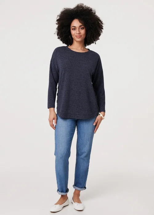 Izabel London Navy Relaxed 3/4 Sleeve Button Detail Top - 10 Image 4