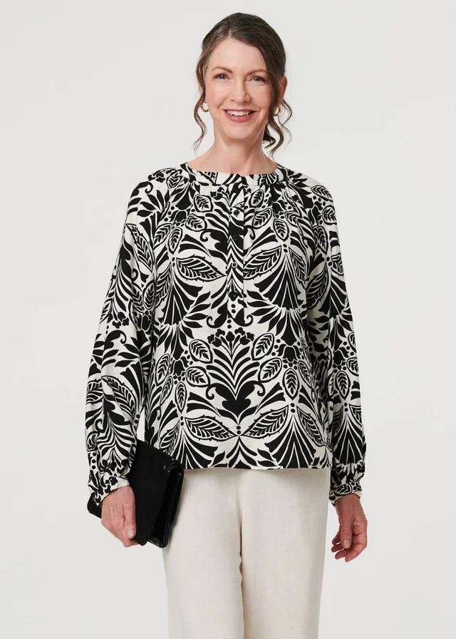 Izabel London Black Printed Long Sleeve Button Front Blouse