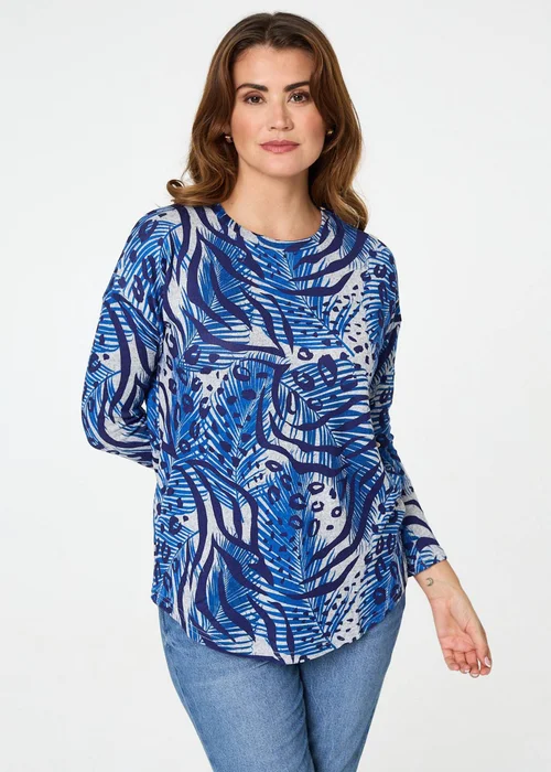 Izabel London Blue Animal Print Long Sleeve Curve Hem Top - 12 Image 1