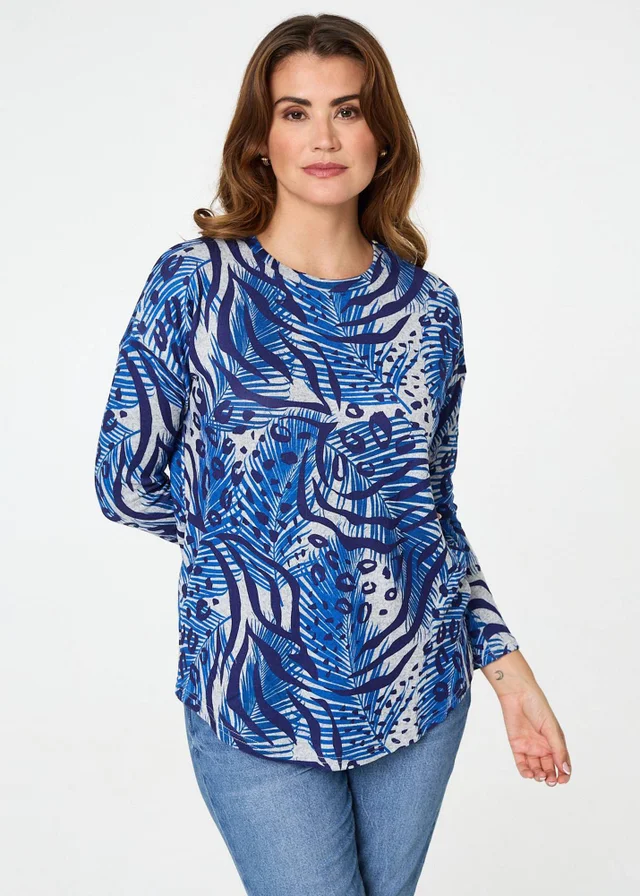 Izabel London Blue Animal Print Long Sleeve Curve Hem Top