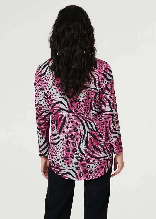 Izabel London Pink Animal Print Long Sleeve Curve Hem Top