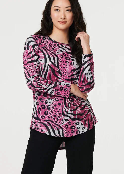 Izabel London Pink Animal Print Long Sleeve Curve Hem Top - 12 Image 1