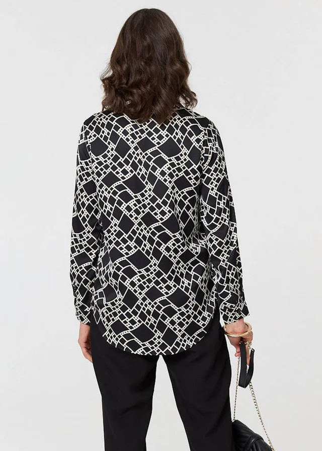 Izabel London Black Geo Print V-Neck Long Sleeve Shirt