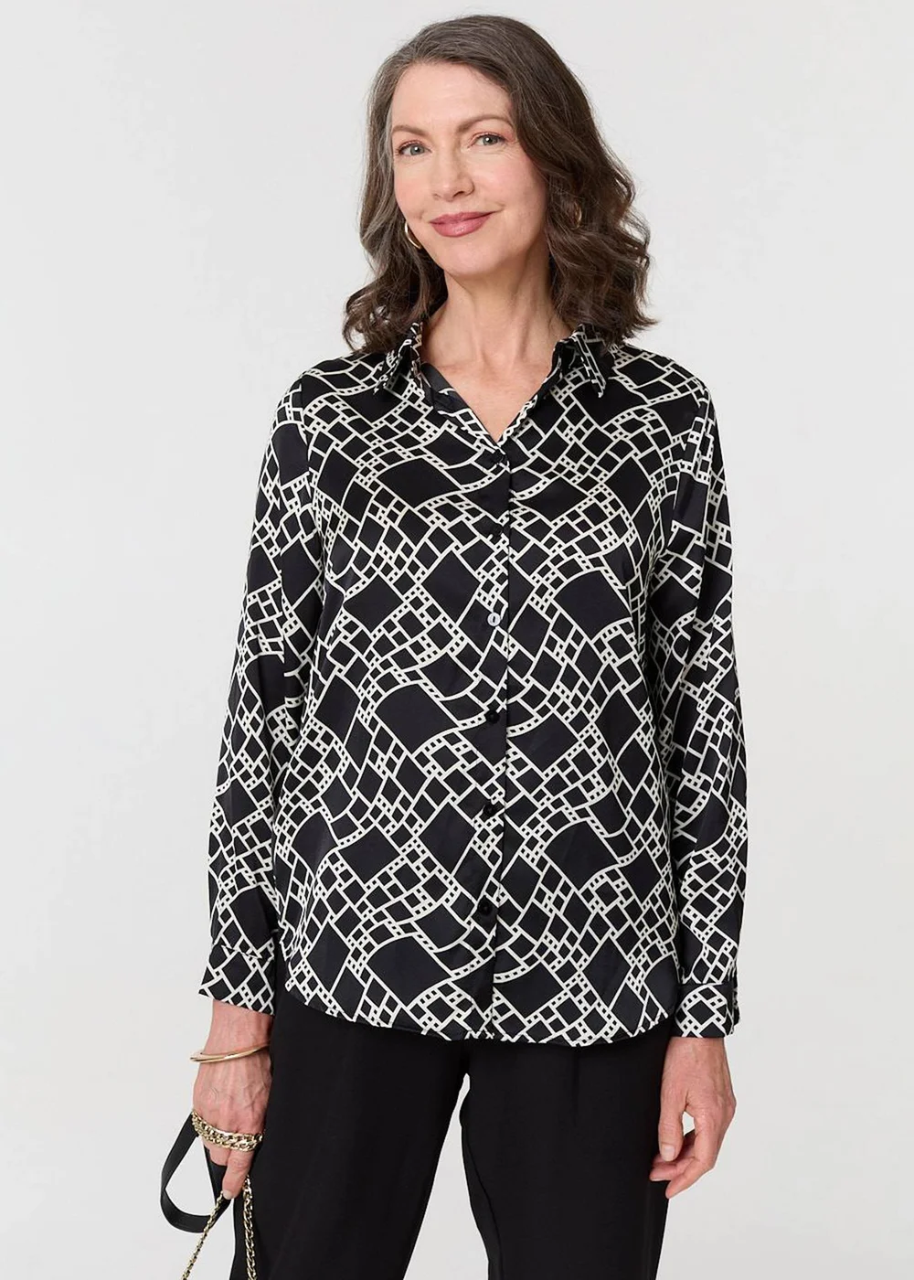Izabel London Black Geo Print V-Neck Long Sleeve Shirt - 8 Image 1