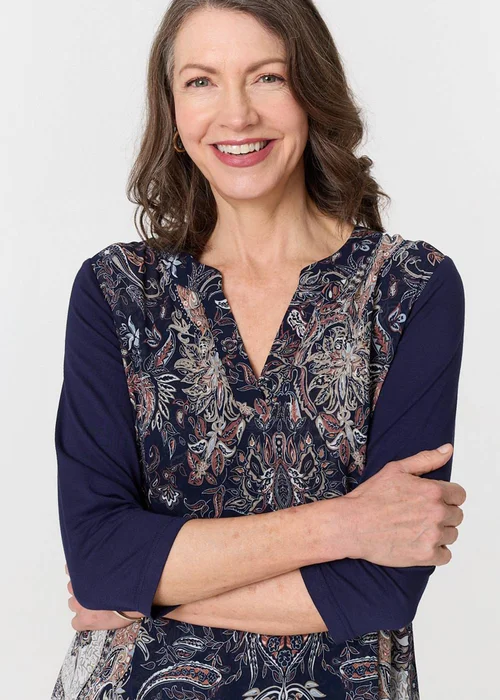 Izabel London Navy Paisley 3/4 Sleeve Semi Sheer Tunic Top - 8 Image 3