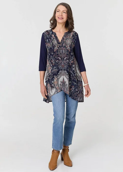 Izabel London Navy Paisley 3/4 Sleeve Semi Sheer Tunic Top - 8 Image 4