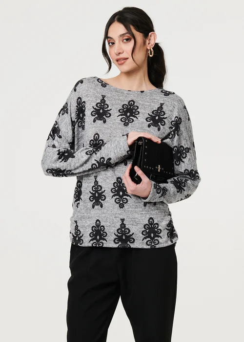 Izabel London Grey Printed Long Batwing Sleeve Relaxed Top - S Image 1