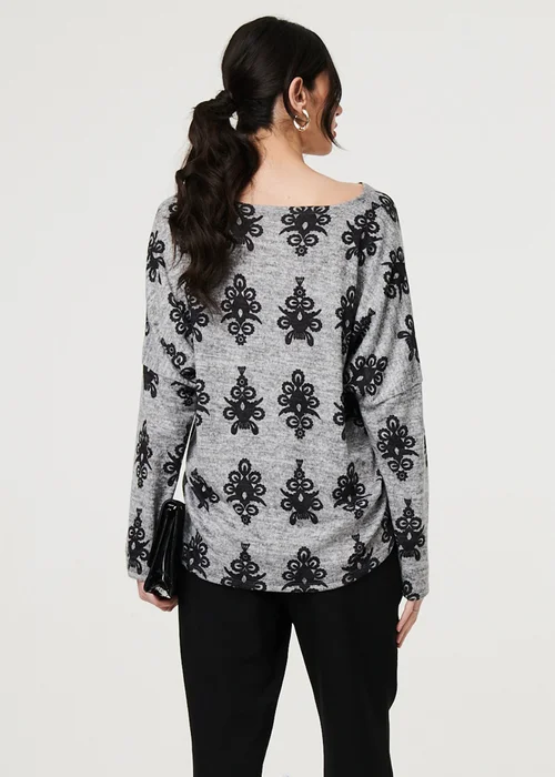 Izabel London Grey Printed Long Batwing Sleeve Relaxed Top - S Image 2