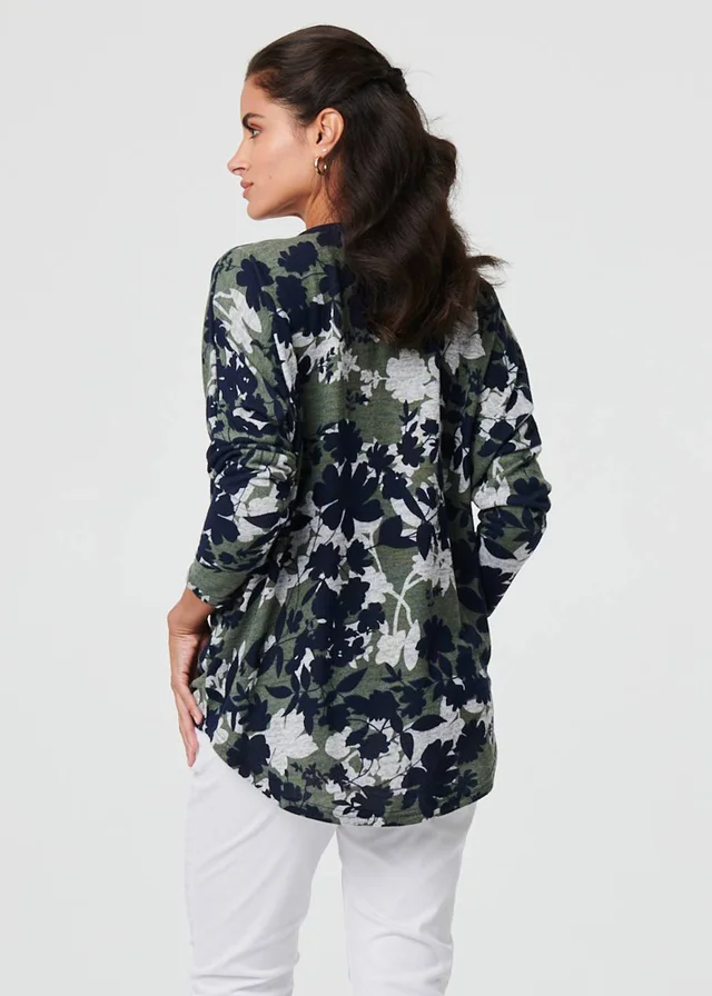 Izabel London Green Leaf Print Zip Front Relaxed Top