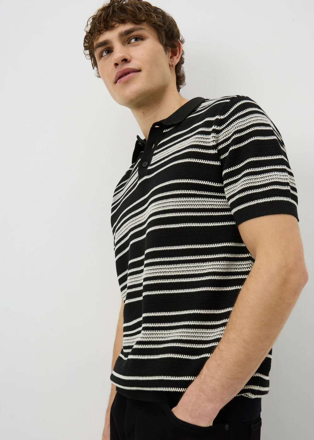 Black Stripe Knitted Polo Shirt - M Image 1