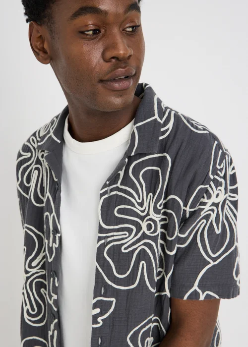 Navy Flower Embroidered Double Cloth Shirt - Medium Image 3