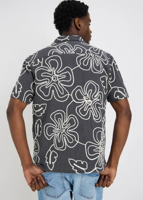 Navy Flower Embroidered Double Cloth Shirt - Medium Image 2