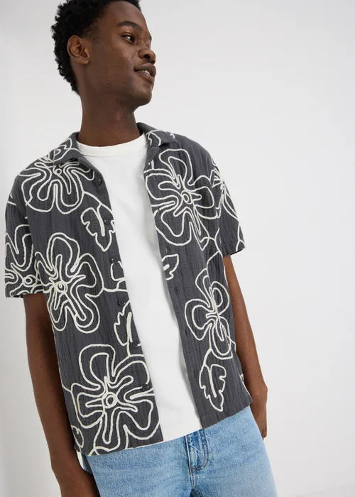 Navy Flower Embroidered Double Cloth Shirt - Medium Image 1