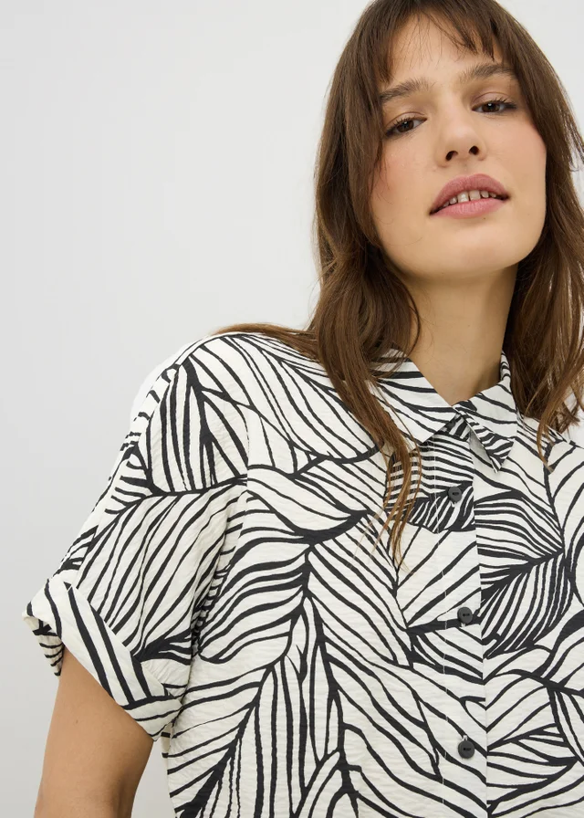 Black Leaf Print Tie Waist Co Ord Shirt