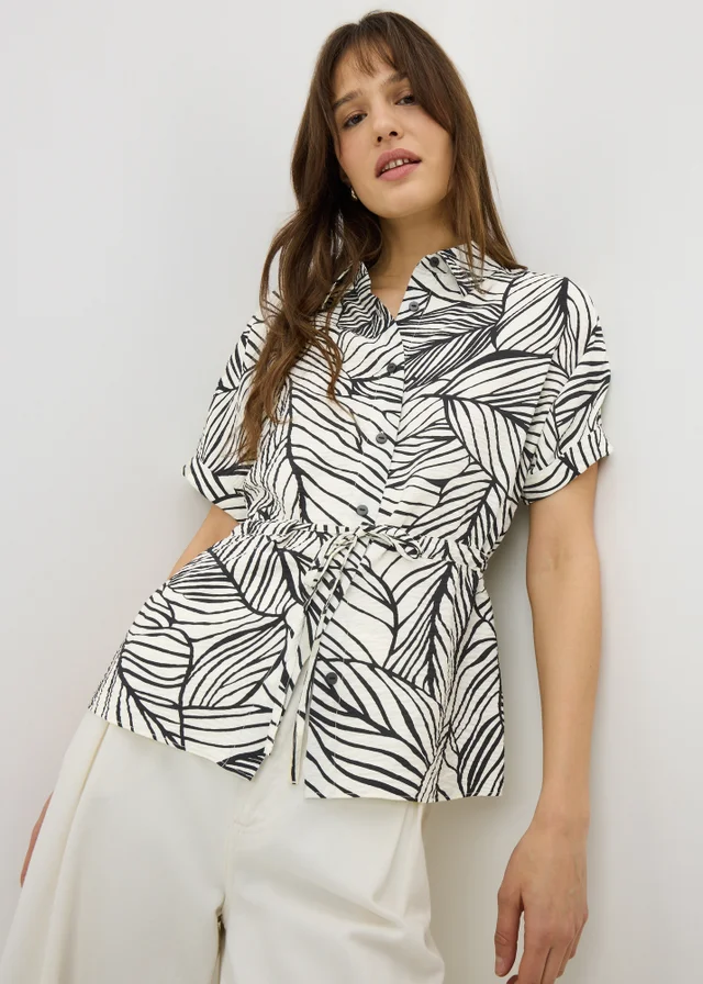 Black Leaf Print Tie Waist Co Ord Shirt