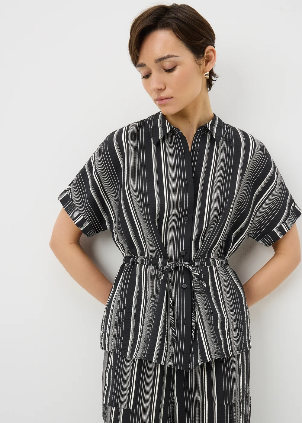 Black Stripe Tie Waist Co Ord Shirt - 16 Image 1