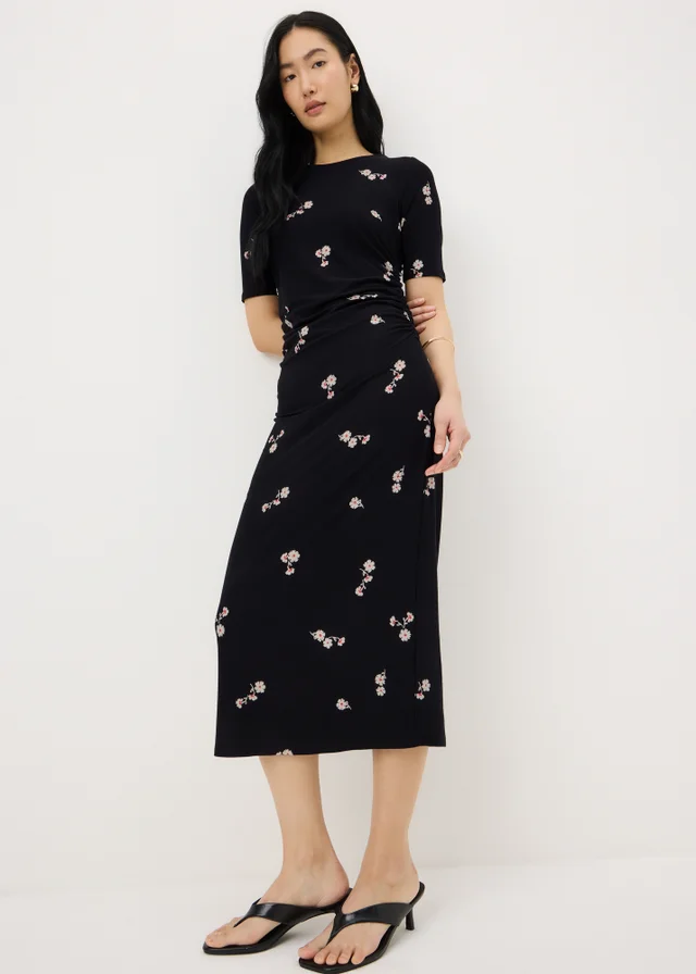 Black Floral Ruched Supersoft Midi Dress