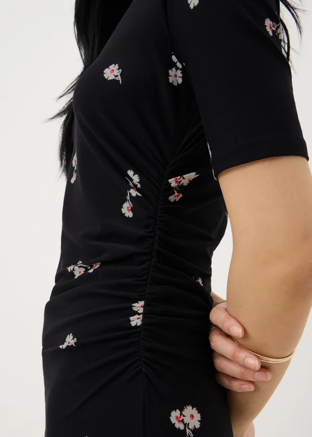 Black Floral Ruched Supersoft Midi Dress