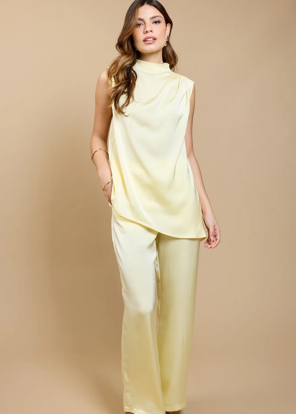 Little Mistress Lemon Satin Wide Leg Trousers by Vicky Pattison - 12 Image 1