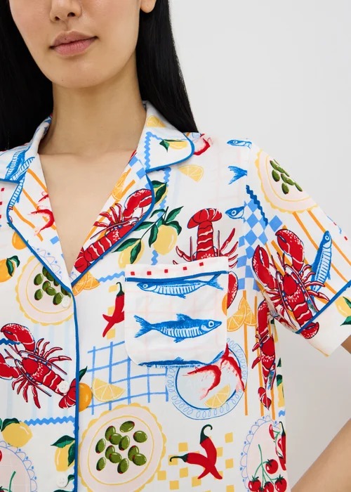 White Lobster Print Supersoft Traditional Button Up Pyjama Set - Size 14 Image 2