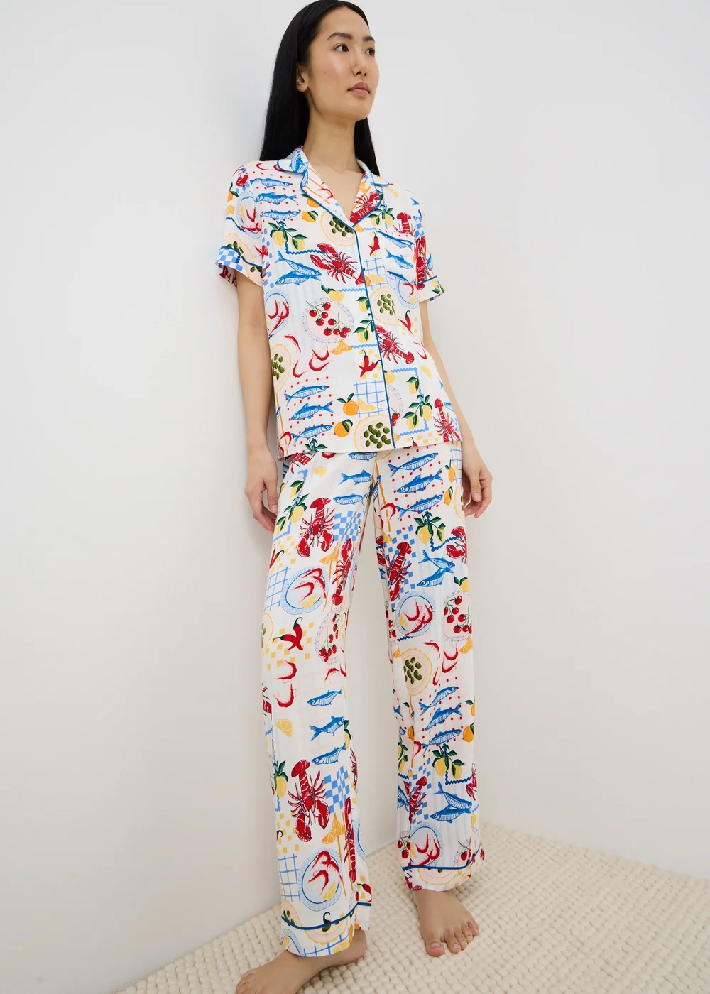 White Lobster Print Supersoft Traditional Button Up Pyjama Set - Size 14 Image 1