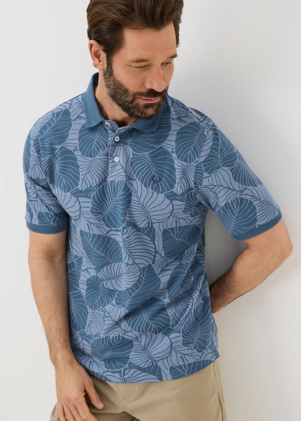 Blue Palm Print Polo Shirt - S Image 1