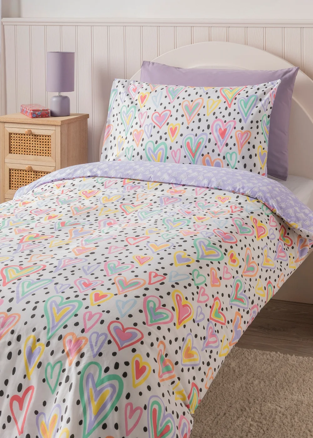 Lilac Polka Dot Heart Duvet Set - Single Image 1