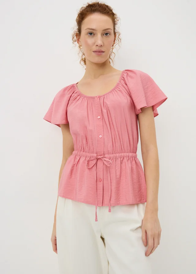 Pink Angel Sleeve Tie Waist Shirt