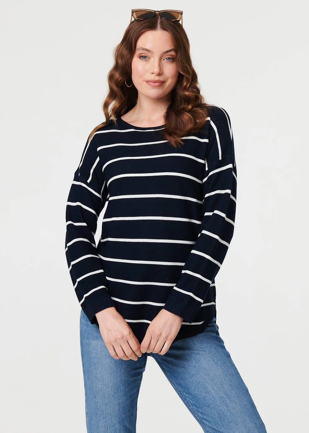 Izabel London Navy Striped Drop Shoulder Long Sleeve Top - 8 Image 1