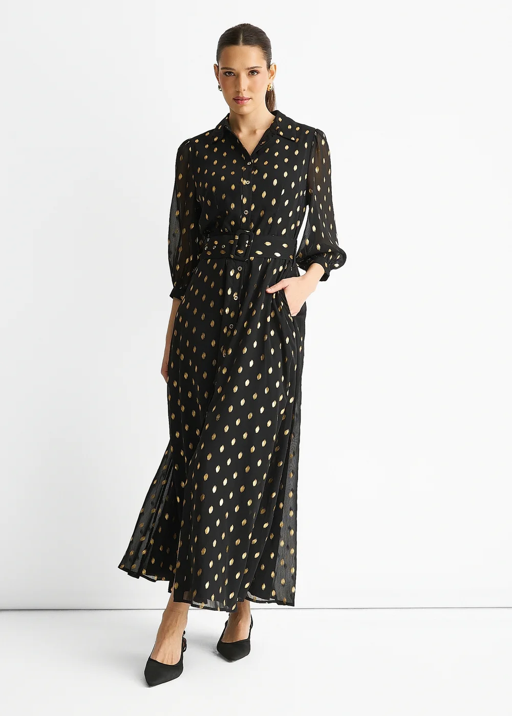 Gini London Black Chiffon Foil Belted Maxi Shirt Dress - 10 Image 1