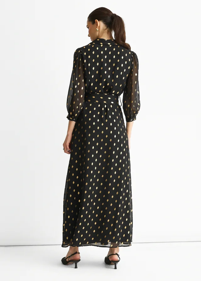 Gini London Black Chiffon Foil Belted Maxi Shirt Dress