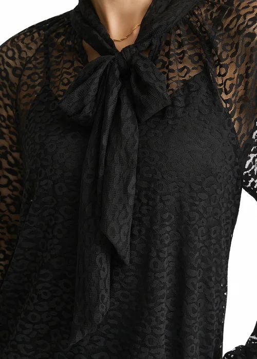 Gini London Black Animal Lace Neck Tie Detail Blouse - 12 Image 3