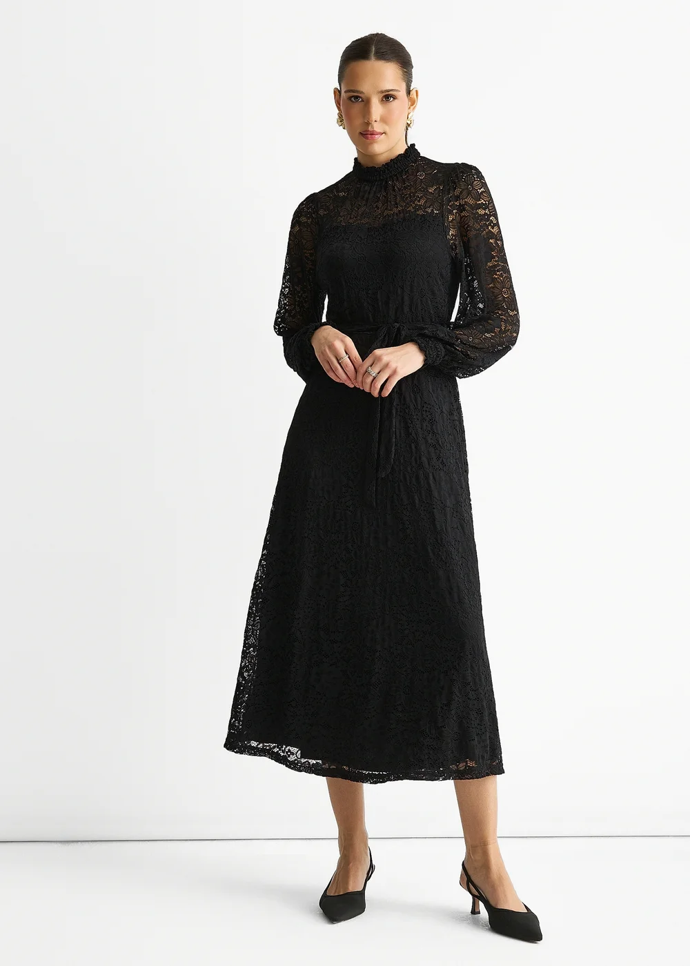 Gini London Black High Neck Jersey Lace Occasion Midi Dress - 8 Image 1