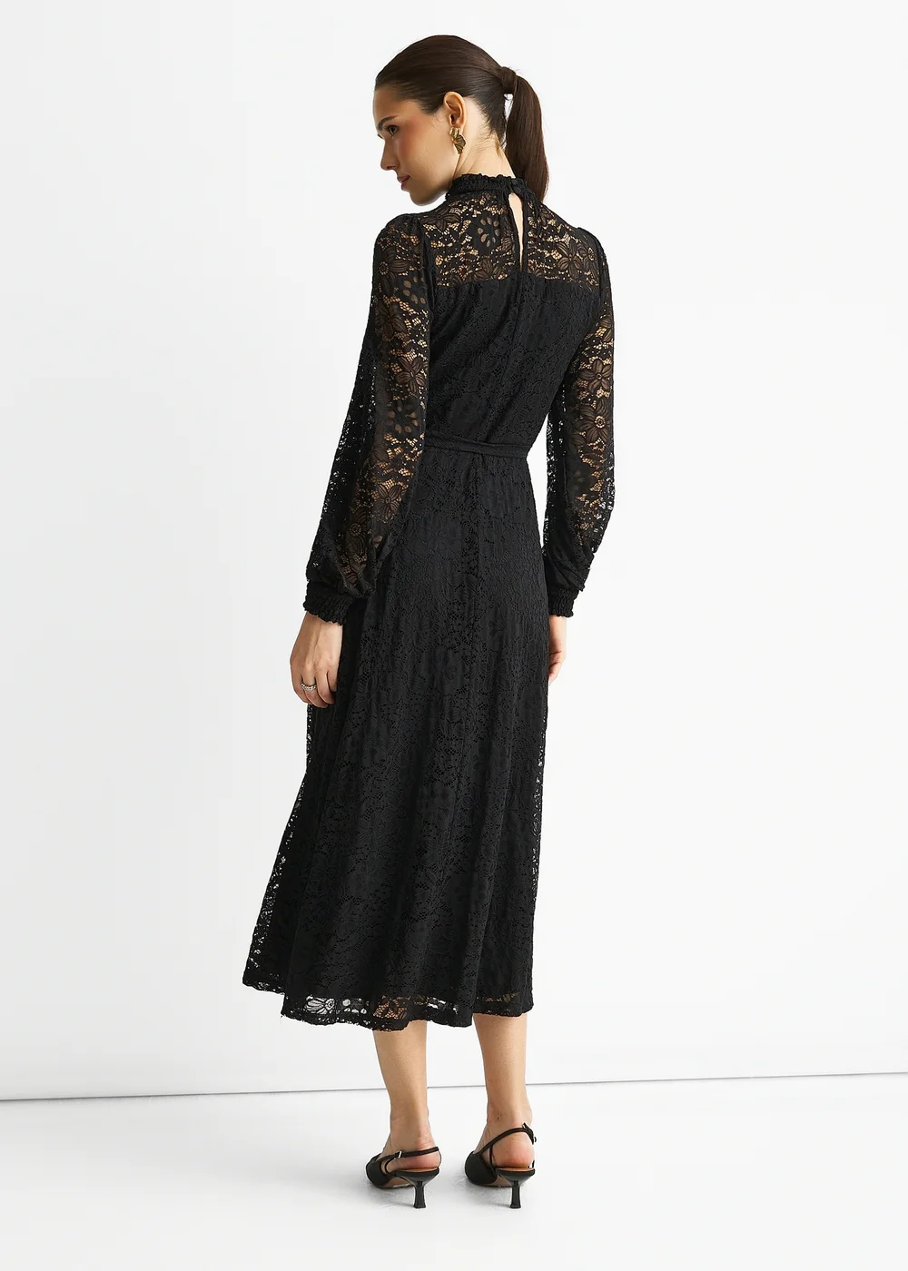 Gini London Black High Neck Jersey Lace Occasion Midi Dress - 8 Image 2
