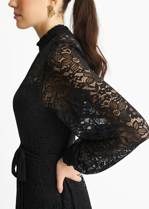 Gini London Black High Neck Jersey Lace Occasion Midi Dress - 8 Image 3