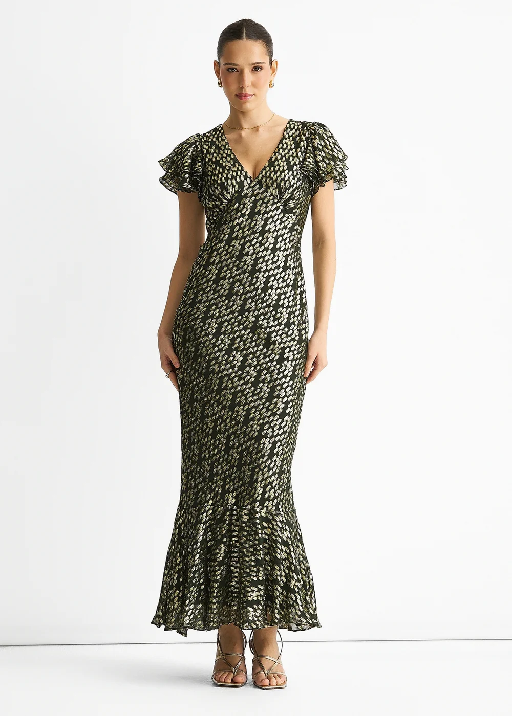 Gini London Dark Green Viscose Clipped Gold Jacquard Bias Cut Maxi Dress - 12 Image 2