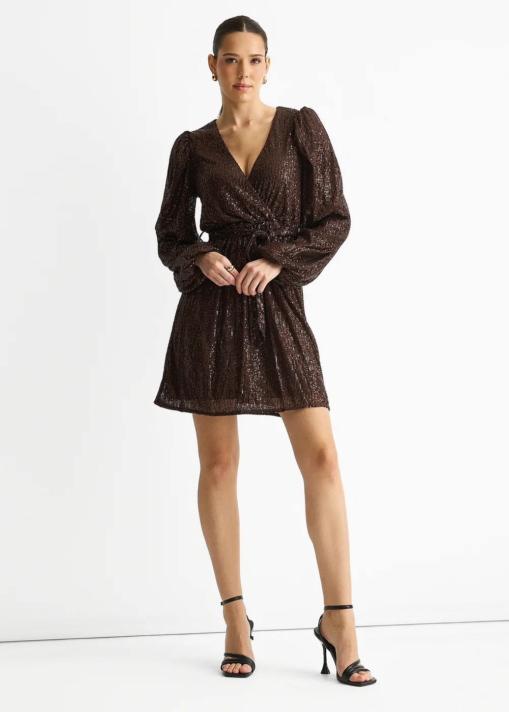 Gini London Chocolate Sequin V Neck Belted Mini Dress - Size 10 Image 1