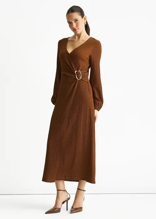 Gini London Brown Jersey Texture Wrap Metal Trim Midi Dress - 8 Image 1