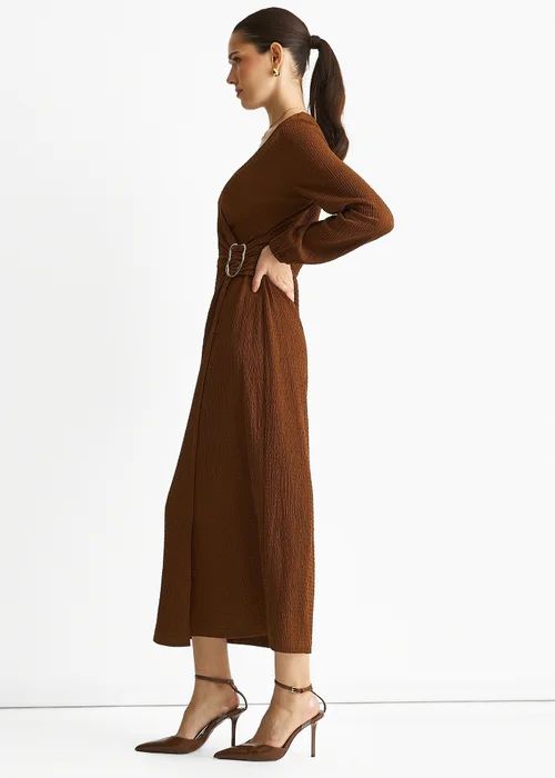 Gini London Brown Jersey Texture Wrap Metal Trim Midi Dress - 8 Image 4