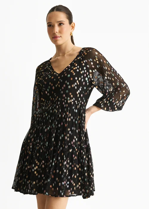 Gini London Black Multicolored Spot Viscose Clipped Jacquard Mini Tiered Dress - 12 Image 4