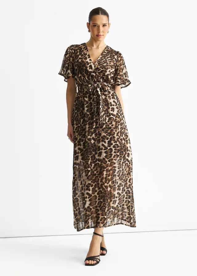 Gini London Brown Chiffon Animal Sparkle Stripe Wrap Midi Dress