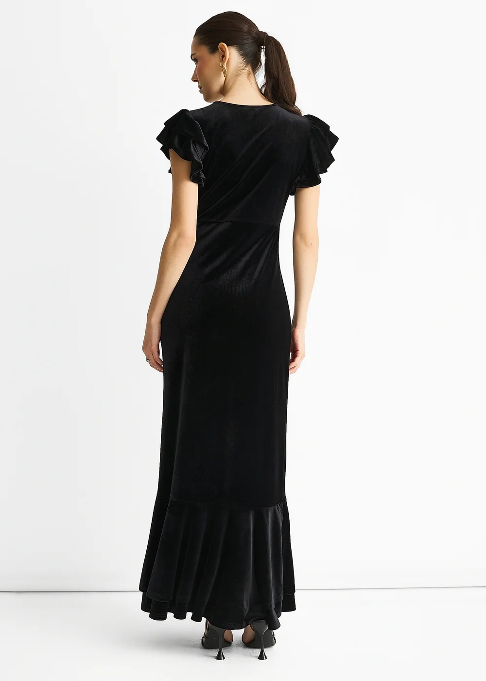 Gini London Black V Neck Ruffle Sleeves Velvet Occasion Maxi Dress - 12 Image 2