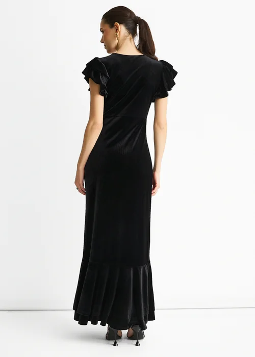 Gini London Black V Neck Ruffle Sleeves Velvet Occasion Maxi Dress - 12 Image 2