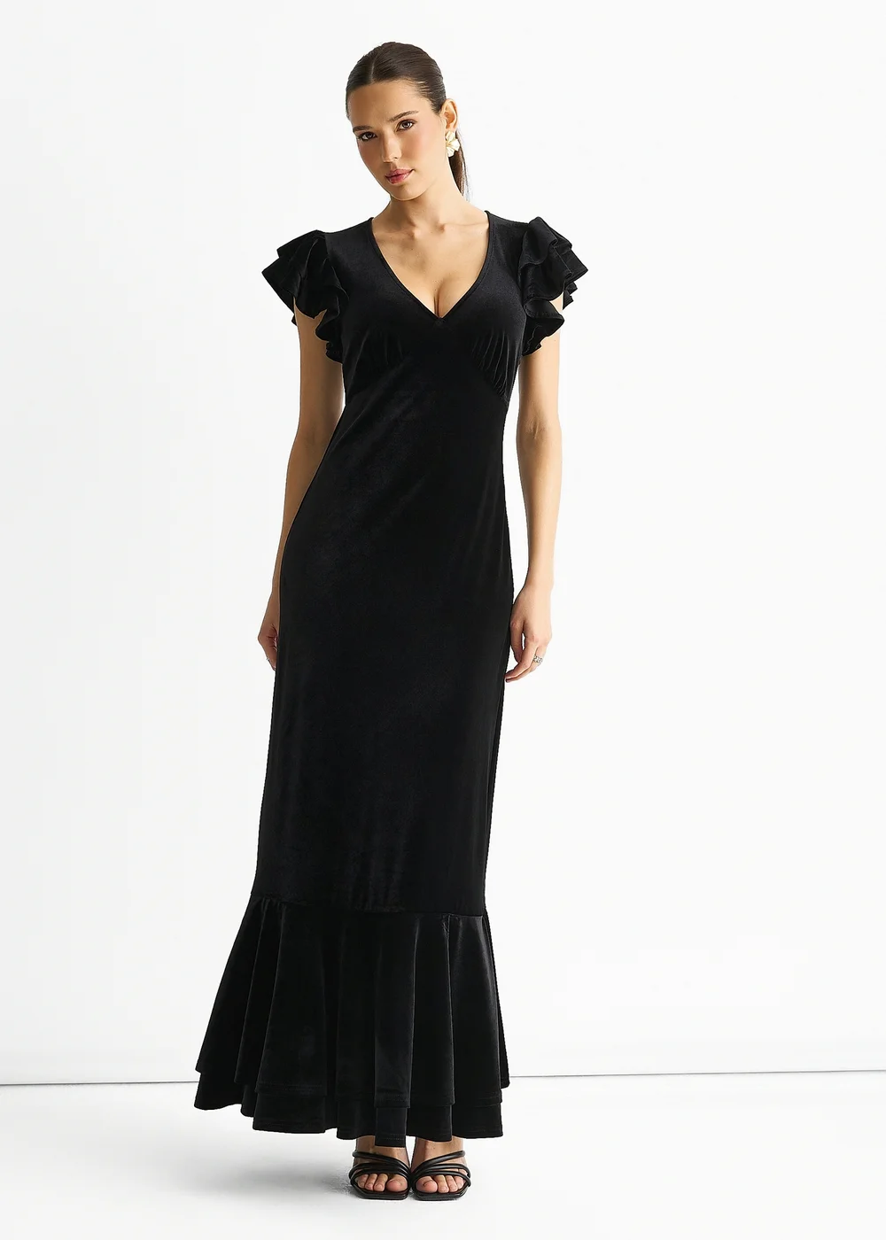 Gini London Black V Neck Ruffle Sleeves Velvet Occasion Maxi Dress - 12 Image 1