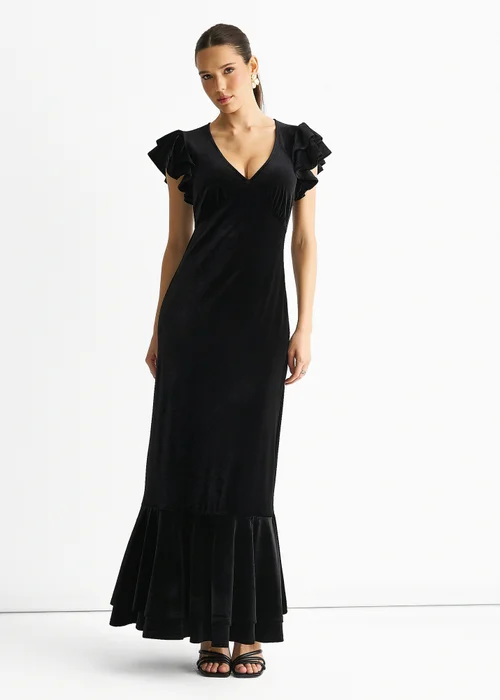 Gini London Black V Neck Ruffle Sleeves Velvet Occasion Maxi Dress - 12 Image 1