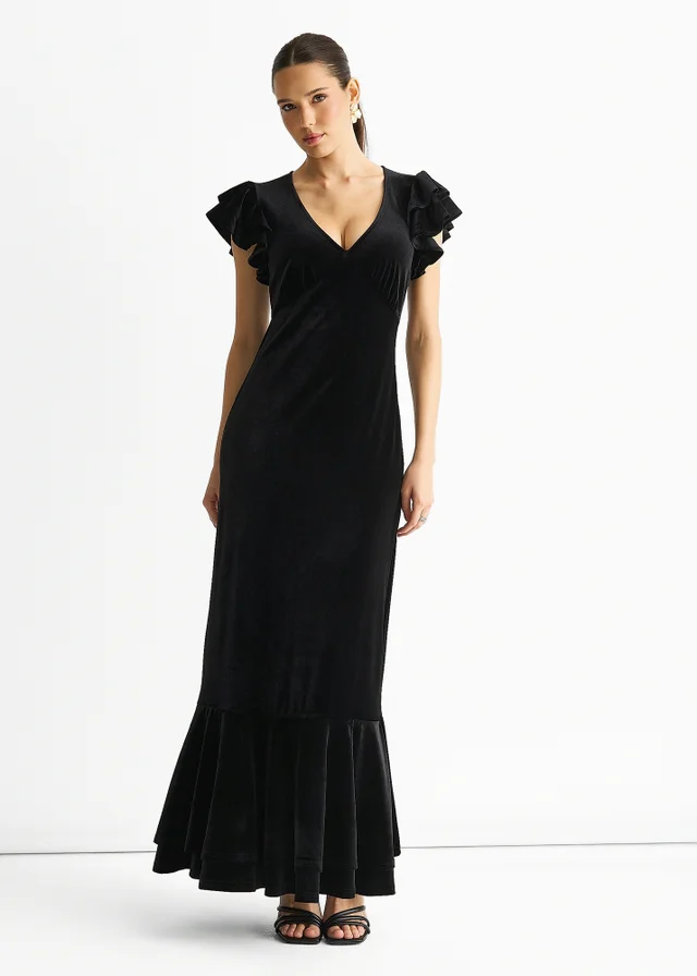 Gini London Black V Neck Ruffle Sleeves Velvet Occasion Maxi Dress