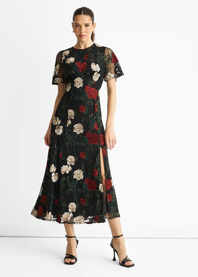 Gini London Black Angel Sleeves Embroidered Occasion Midi Dress