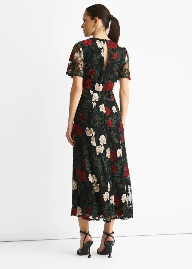 Gini London Black Angel Sleeves Embroidered Occasion Midi Dress